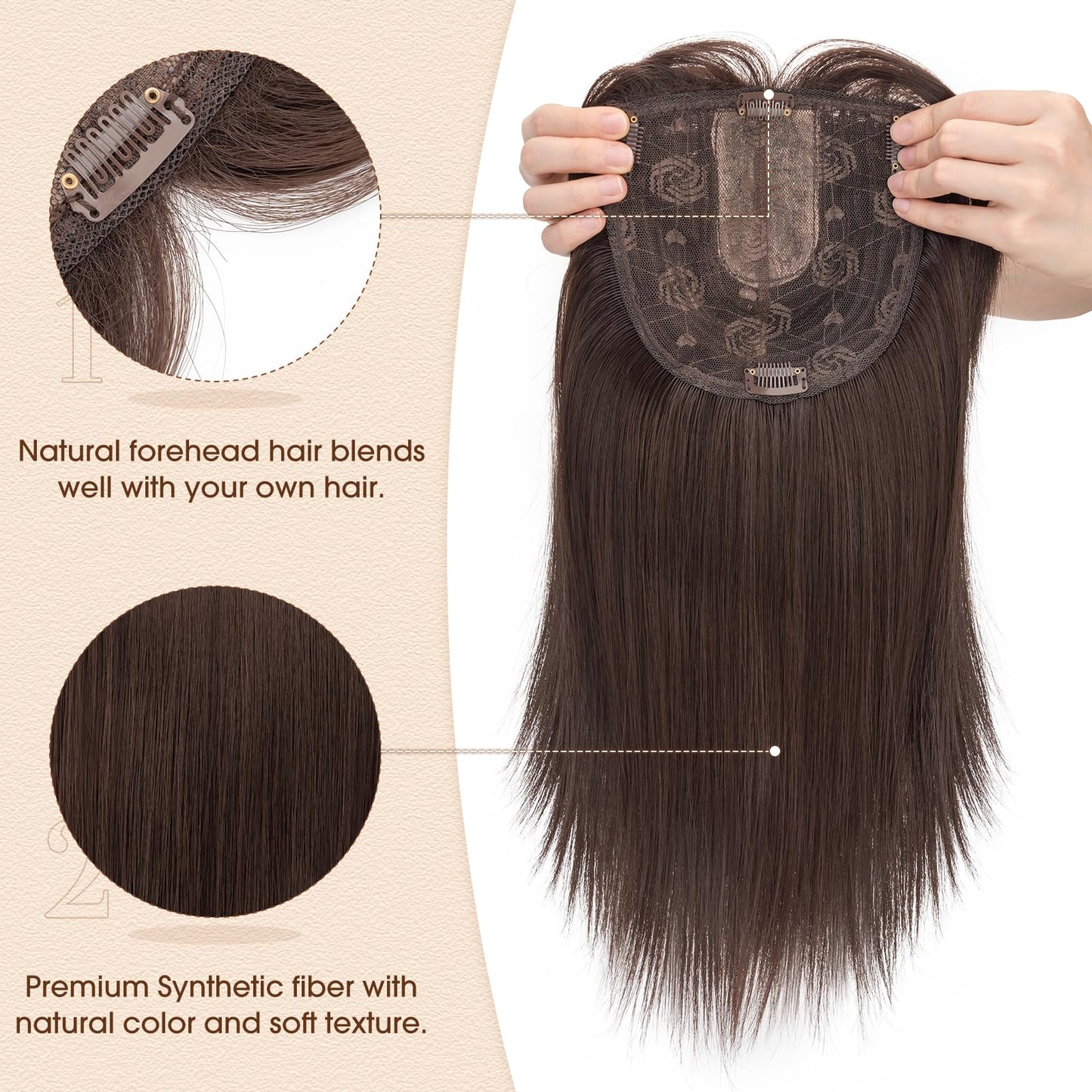Benehair 14 Inch Hair Toppers for Women 6"x6" Lace Base Clip in Synthetic Hairpieces Wiglets with Bangs Long Straight Hair Topper with Thinning Hair 120g Dark Brown