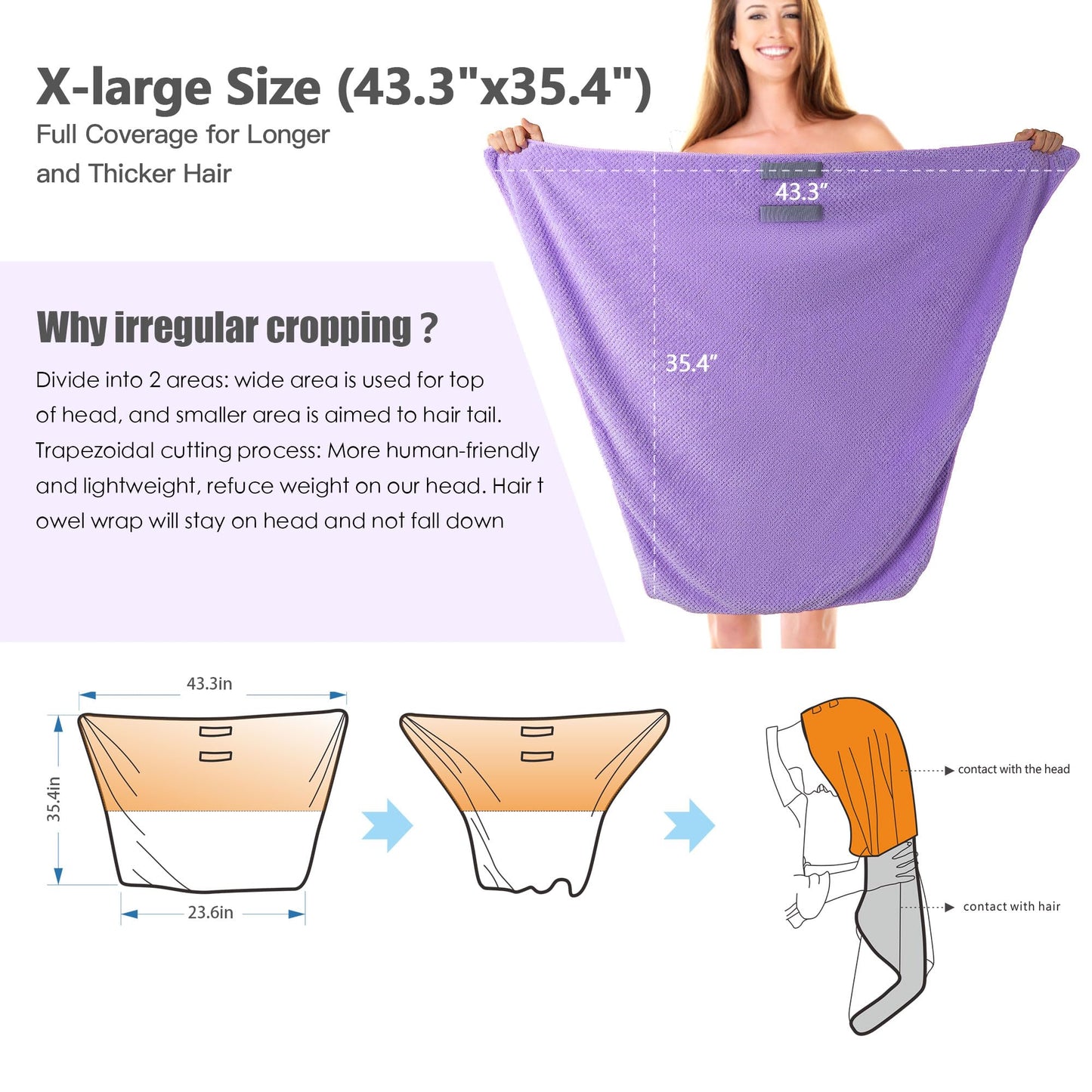 Sackei Large Microfiber Hair Towel Wrap 43.3" x 35.4" Soft Anti Frizz Hair Drying Towel with 2 Elastic Band, Super Absorbent Fast Dry Plopping Hair Turbans for Women Wet Long Curly Hair Purple