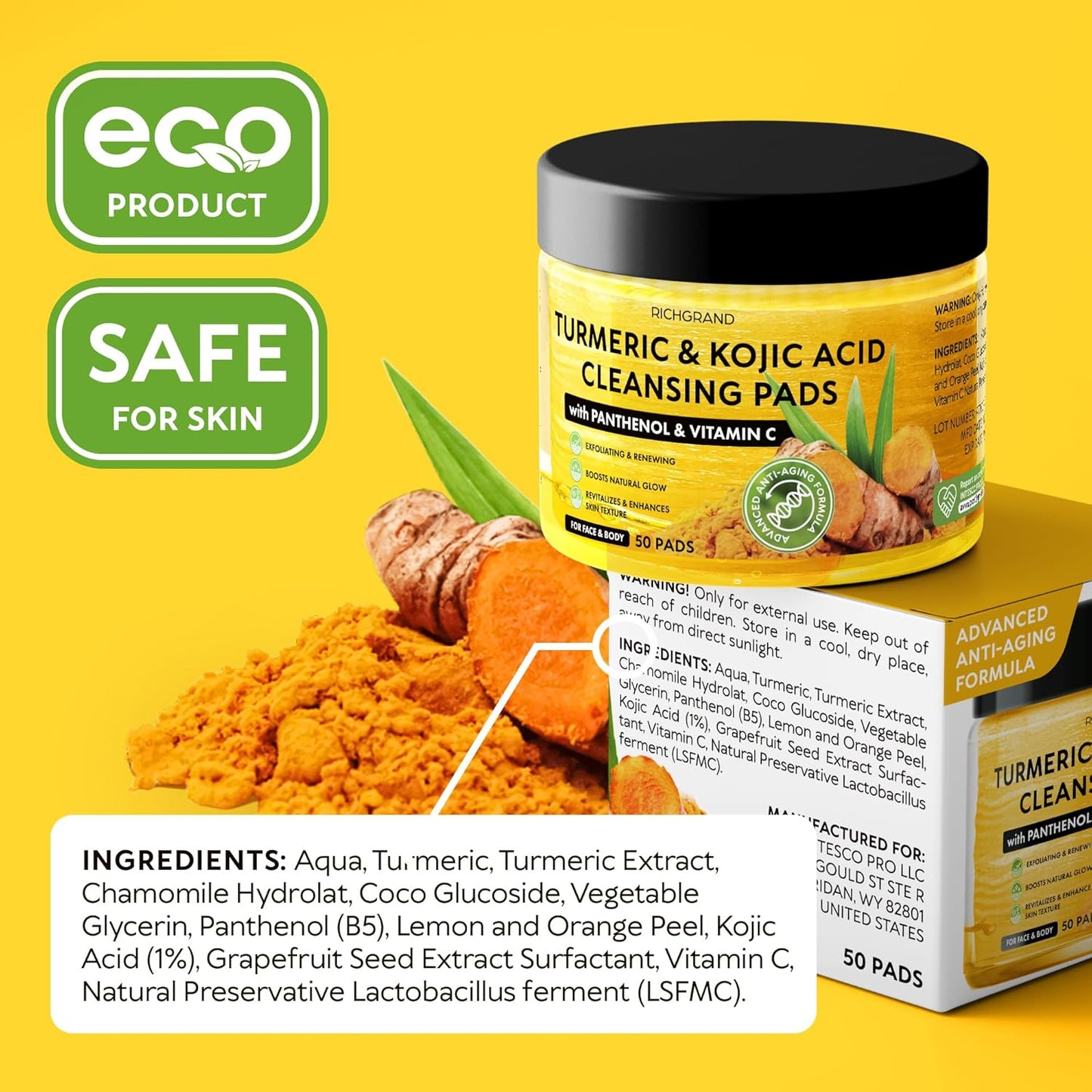 Turmeric Kojic Acid Cleansing Pads - Exfoliating Face Sponges with Vitamin C & Lemon for Glowing Skin