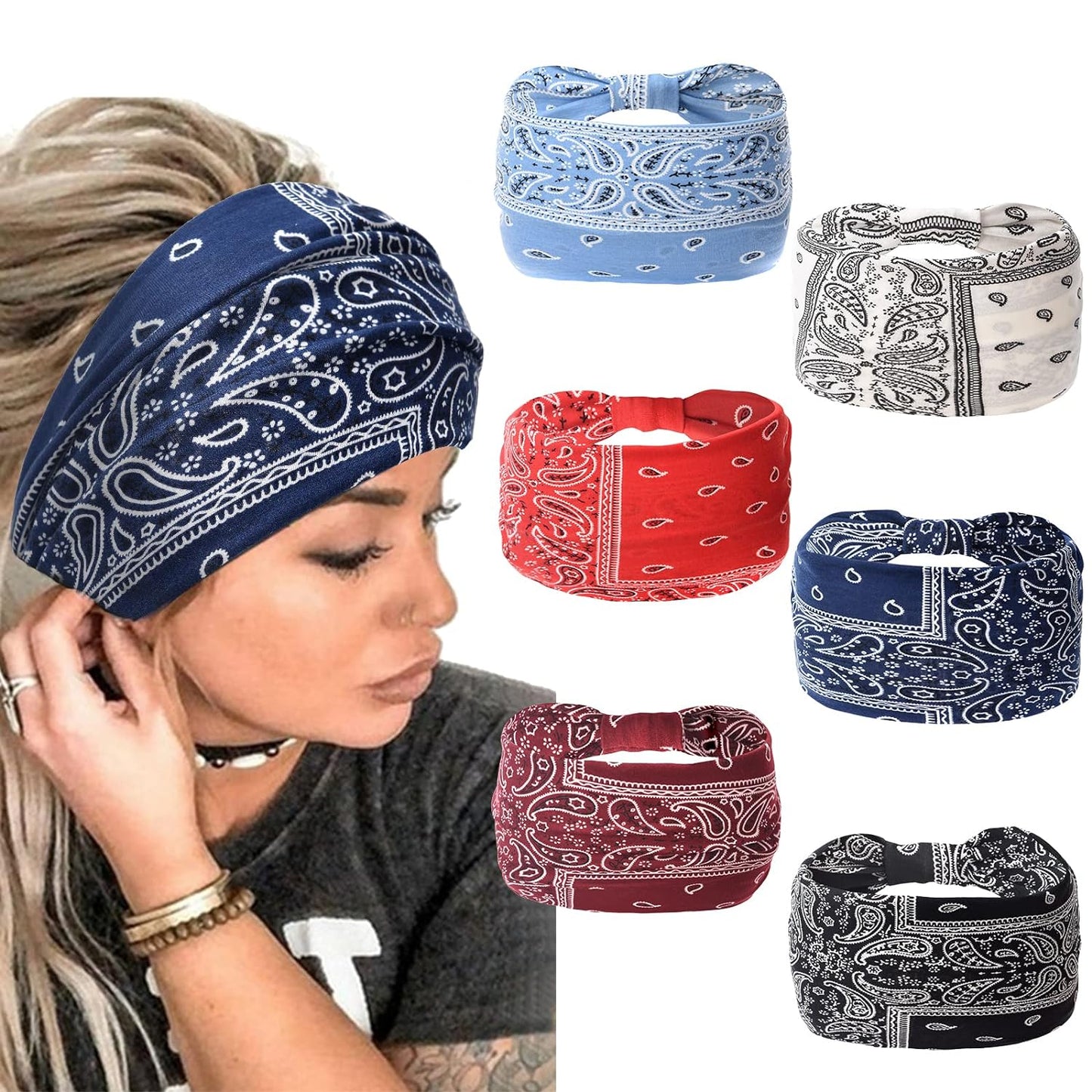 Yeshan Women's Wide Boho Knotted Non-Slip Turban Headwraps - Stretchy Bandeau Hair Bands for Sports, Yoga, Workouts, Pack of 8