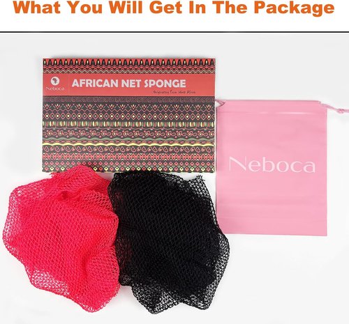 Authentic African Net Sponge - Exfoliating Body Scrub with Knots | Pink & Black Afro Bath Cloth