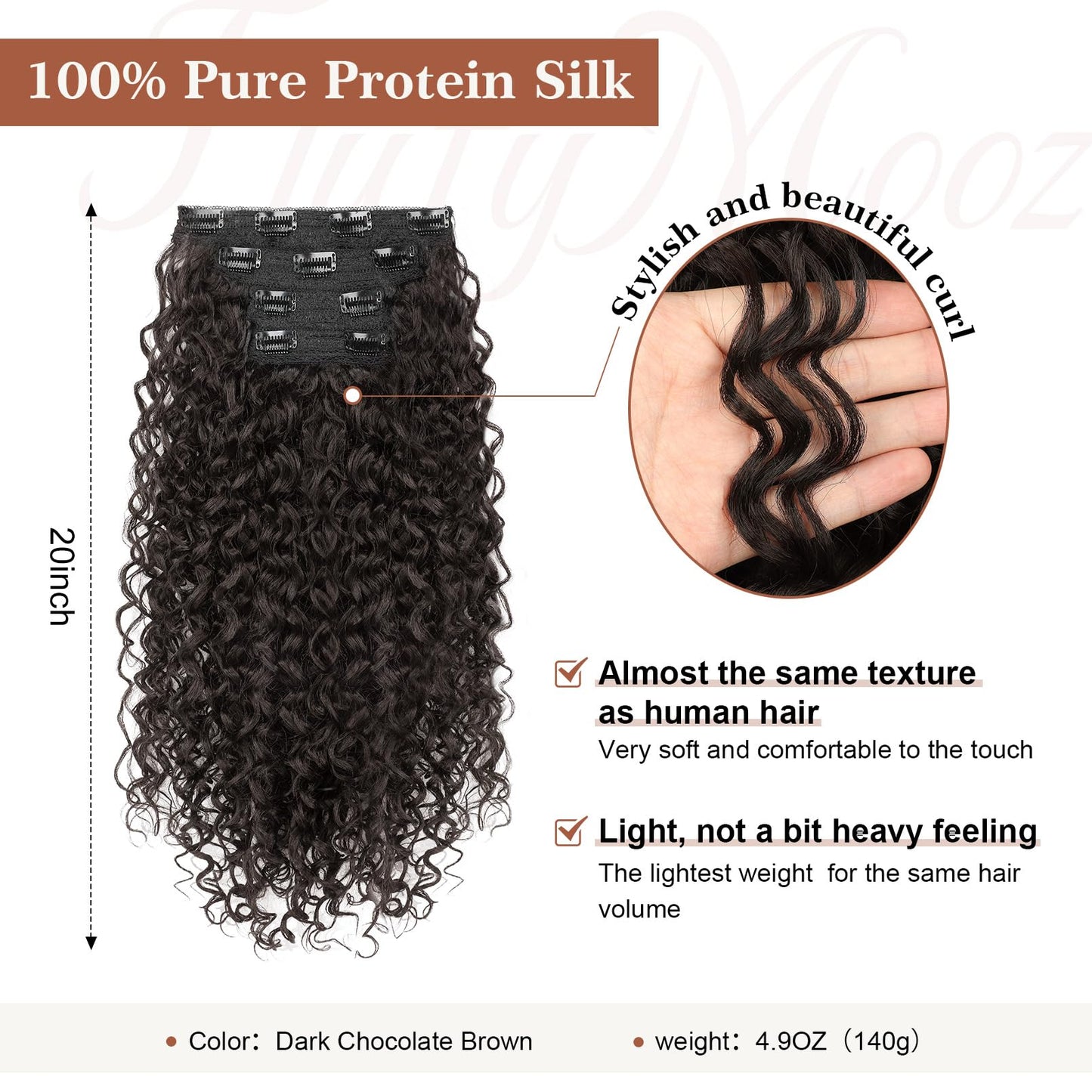 Clip in Hair Extensions, FLUFYMOOZ 4PC 100ï¼… Pure Protein Silk Hair Extensions Long Soft Natural Hairpiece 20 Inch Curly Hair Extension for Women (Dark Chocolate Brown)