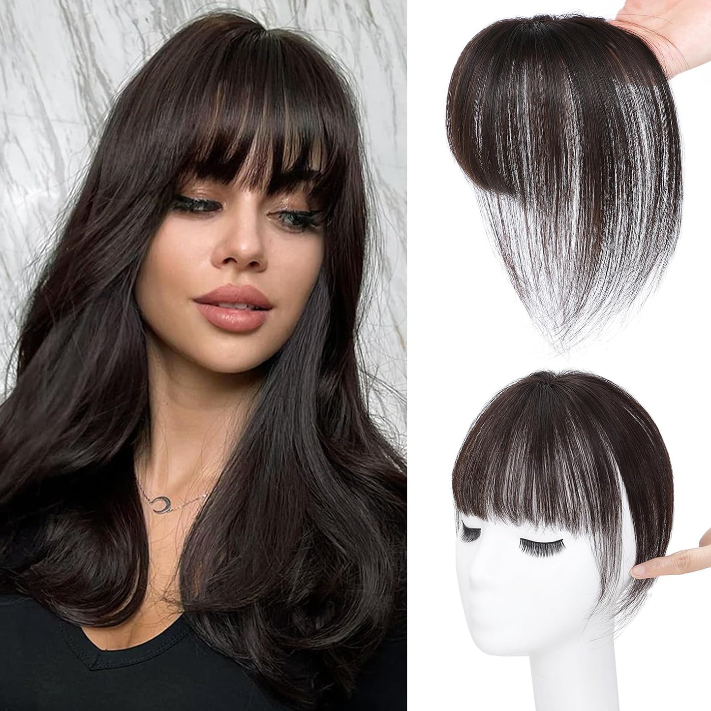 MORICA Bangs Hair Clip, 360° 3D Cover Clip in Bangs 100% Real Human Hair Toppers with Bangs,Hair pieces Clip on Bangs for Women Fake Bangs for Daily Wear (Brown Black, 5×7 3D Bangs)