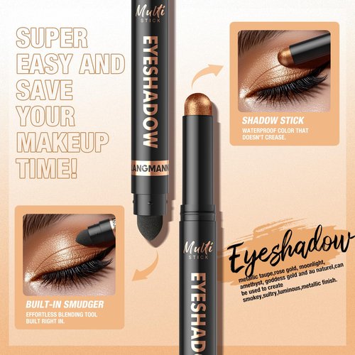 LANGMANNI 8Colors Dual-Ended Cream Eyeshadow Stick Set – Silky Smooth, Waterproof & Transfer-Proof, Built-in Blender Brush, All-Day Matte & Shimmer Wear Eye Makeup(#B)