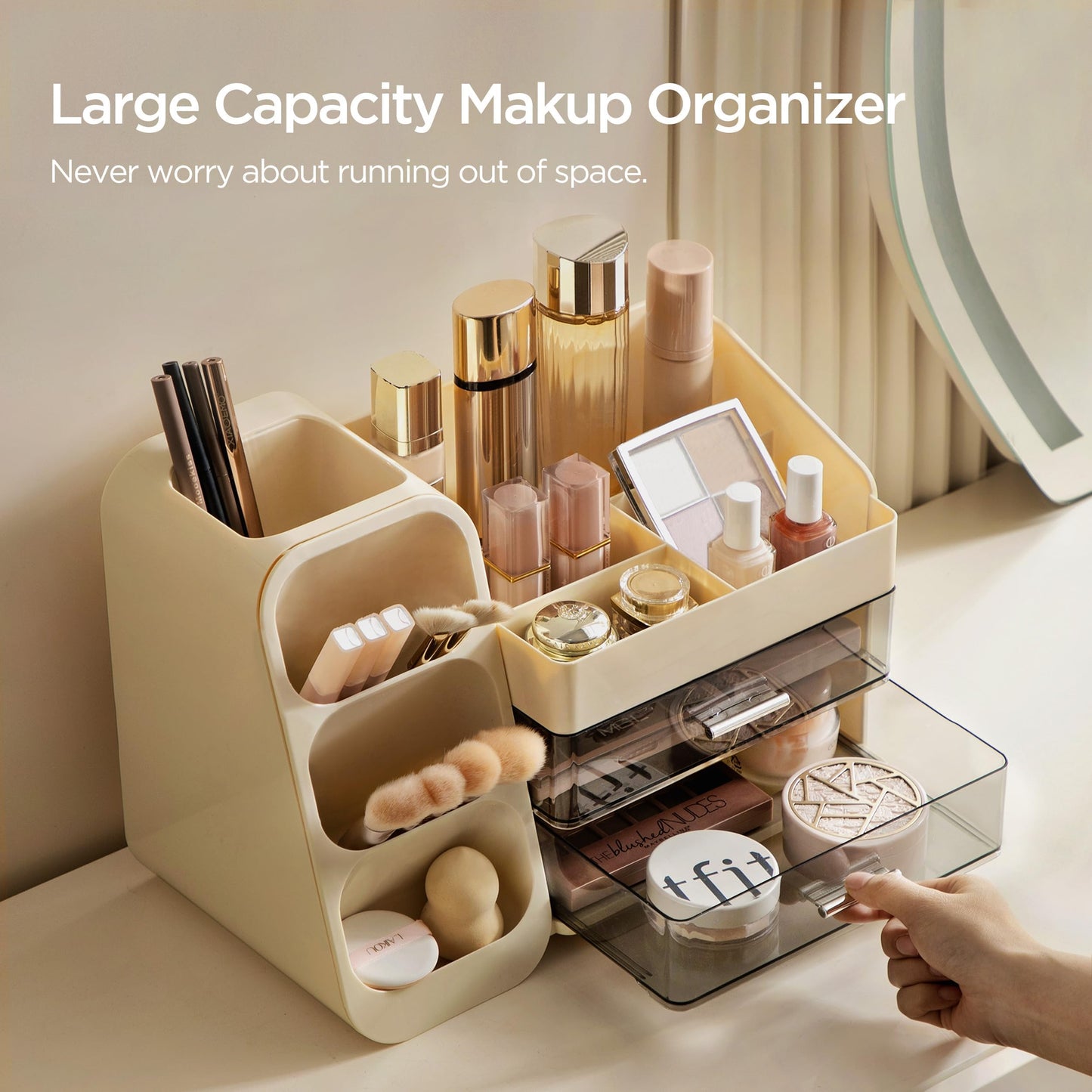 HBlife Makeup Organizer with Brush Holder for Vanity, Large Plastic Bathroom Countertop Organizer Skin Care Storage, Easy to Store Lipsticks, Nail Polishes, Perfumes, Eyeshadow Palettes, Beige