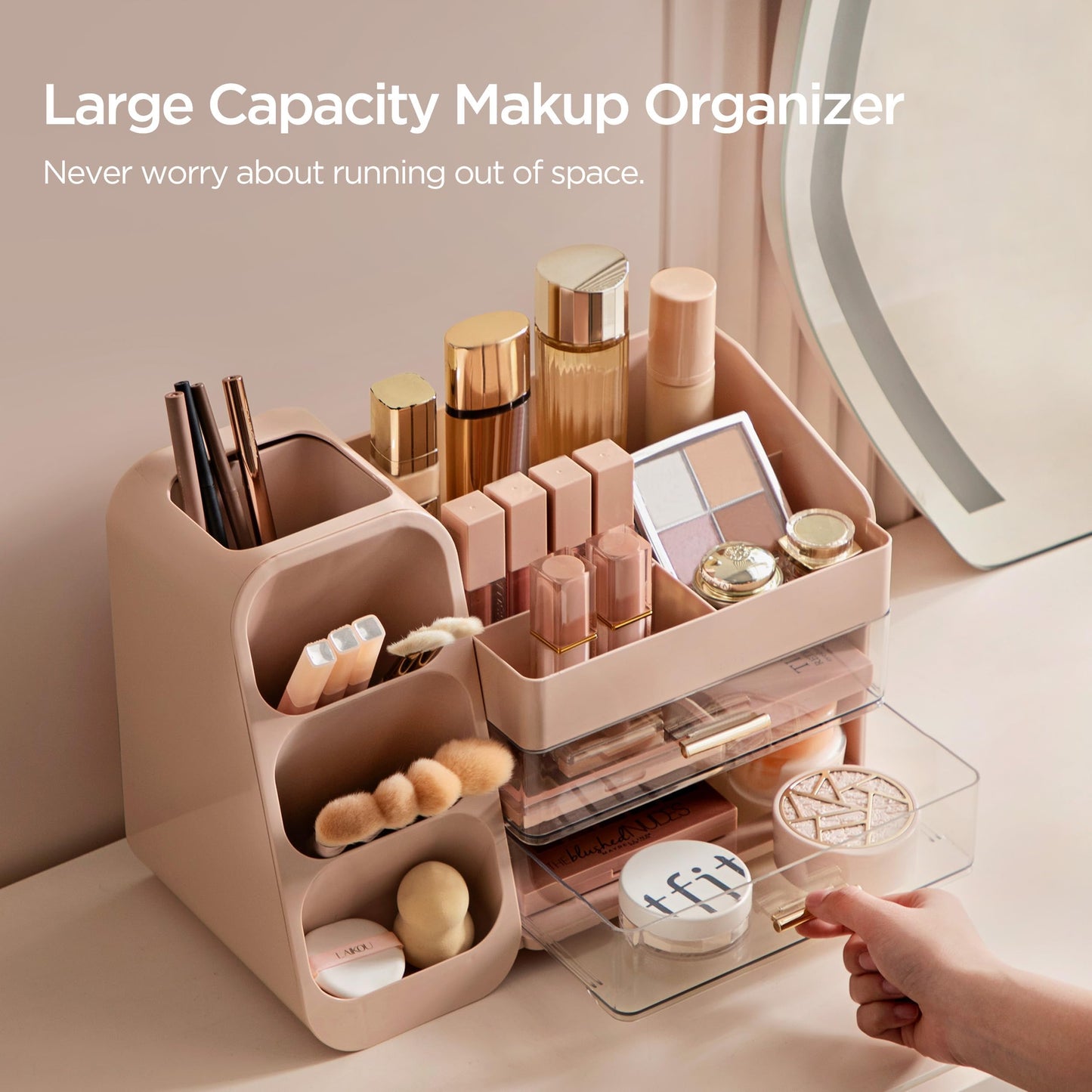 HBlife Makeup Organizer with Brush Holder for Vanity, Large Plastic Bathroom Countertop Organizer Skin Care Storage, Easy to Store Lipsticks, Nail Polishes, Perfumes, Eyeshadow Palettes, Pink