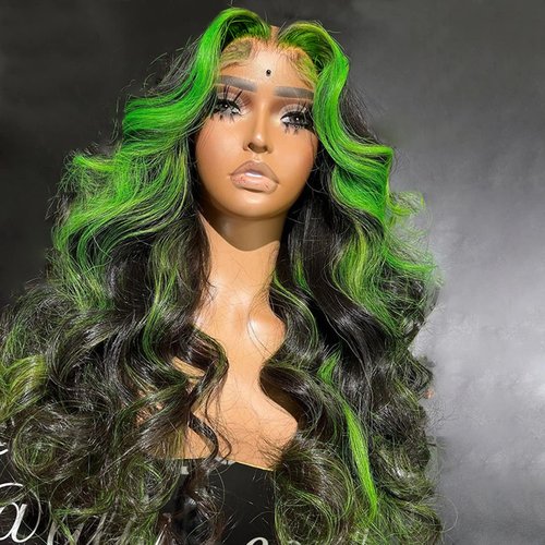 ANDRIA Highlight Green Lace Front Wigs Loose Wave Wigs with Baby Hair Blak and Green Streak Hair Glueless Lace Wigs Long Body Wave Wig Synthetic Heat Resistant Fiber Colorful Wig for Black Women 24"