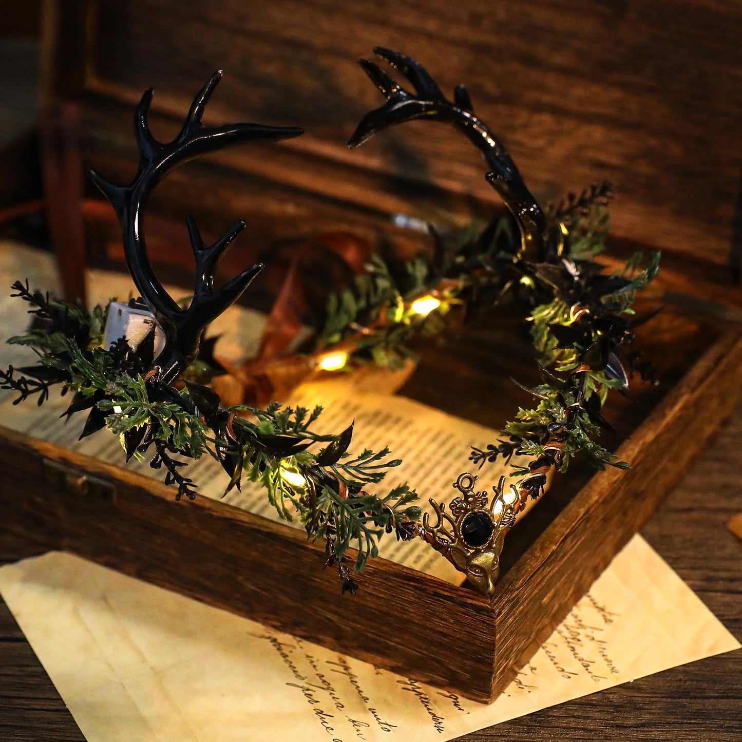 MOSTORY Light up Elf Crown - Black Antler Headpiece Gothic Flower Circlet Elven Woodland Tiara for Women Renaissance Fair Cosplay Halloween Costume Photo Shoot