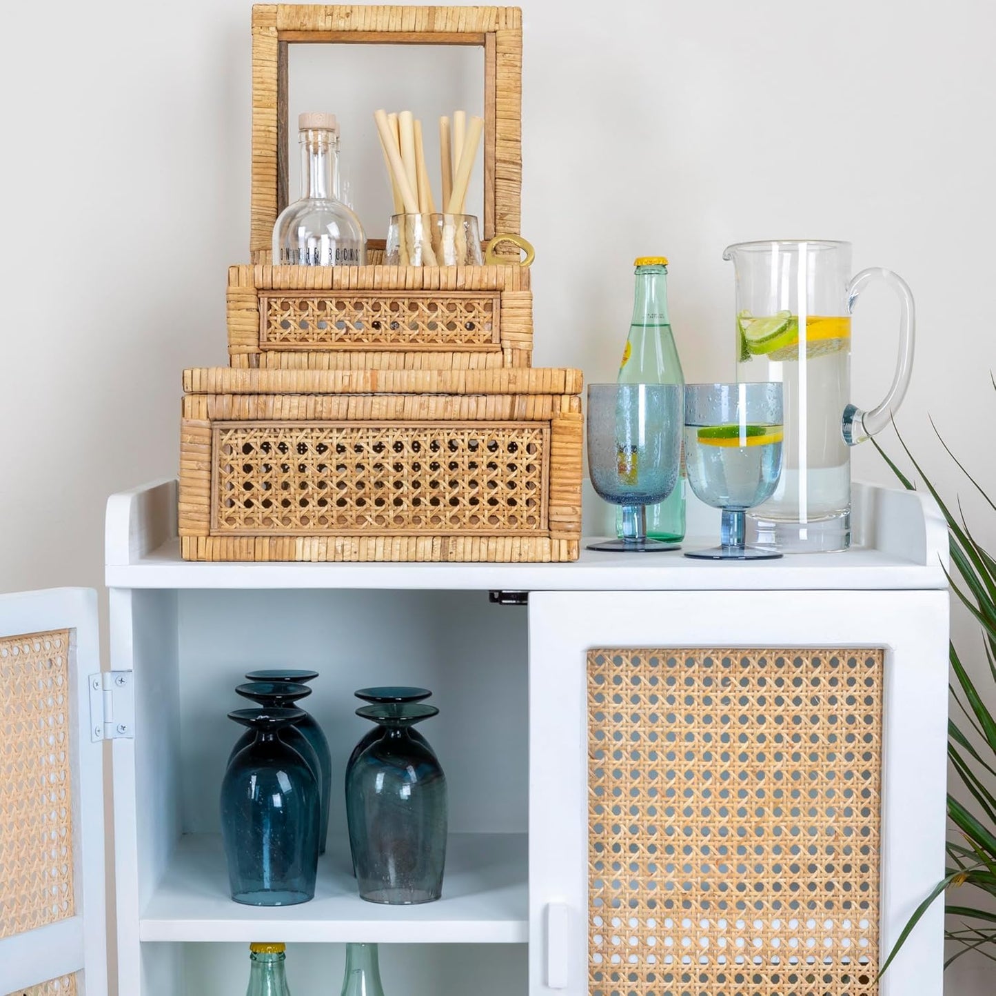 Creative Co-Op Decorative Woven Rattan & Wood Display Boxes - Set of 2 with Glass Top, Natural Finish