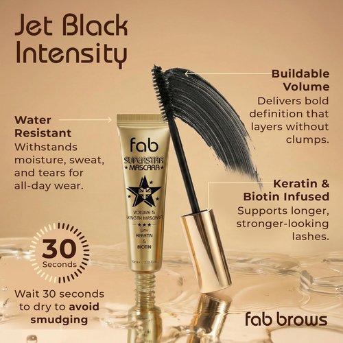 Fab Superstar Mascara: Waterproof Volumizing High Lash Lift Beauty Mascara: Black Liquid Mascarra for Bold Volume and Length - Infused with Keratin and Biotin for Longer, Better Defining Lashes - 10ml