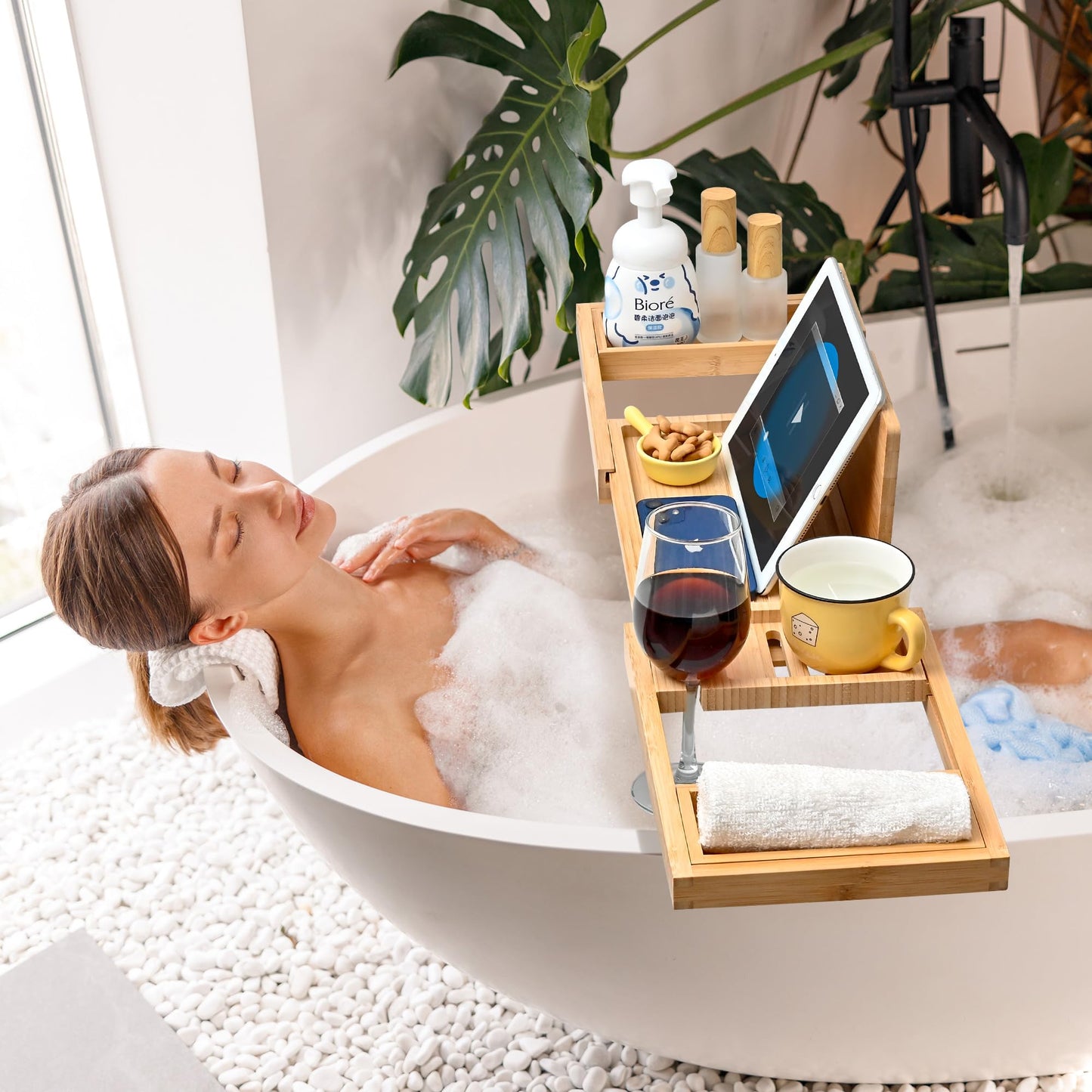 Hcirjhie Wood Foldable Bathtub Tray Caddy Bamboo Bathtub Tray Expandable, Bath Tub Table Caddy with Extending Sides - Bathtub Accessories for Women or Men (Natural (Foldable), Natural (Foldable))