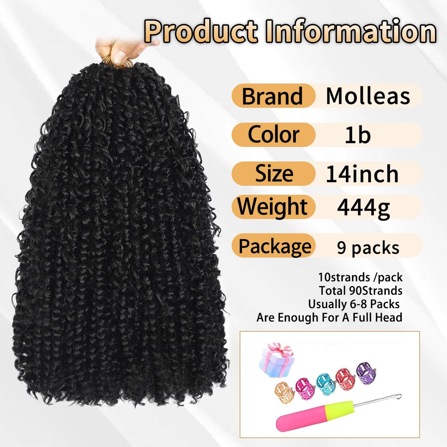 Molleas Passion Twist Hair 14inch,9pack Boho Passion Twist Crochet Hair,Pre Looped With Curly Ends for Bohemian Water Wave Braiding Hair(14inch(pack of 9),1B)