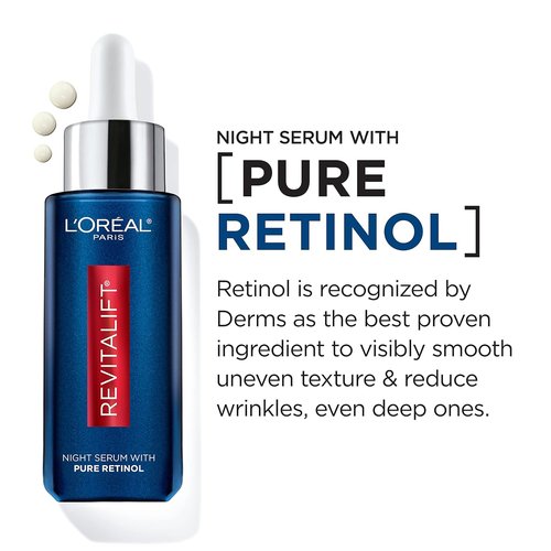 L'Oreal Paris Revitalift Night Serum - 0.3% Pure Retinol to Reduce Deep Wrinkles | Fragrance-Free, 1 oz + Moisturizer Sample