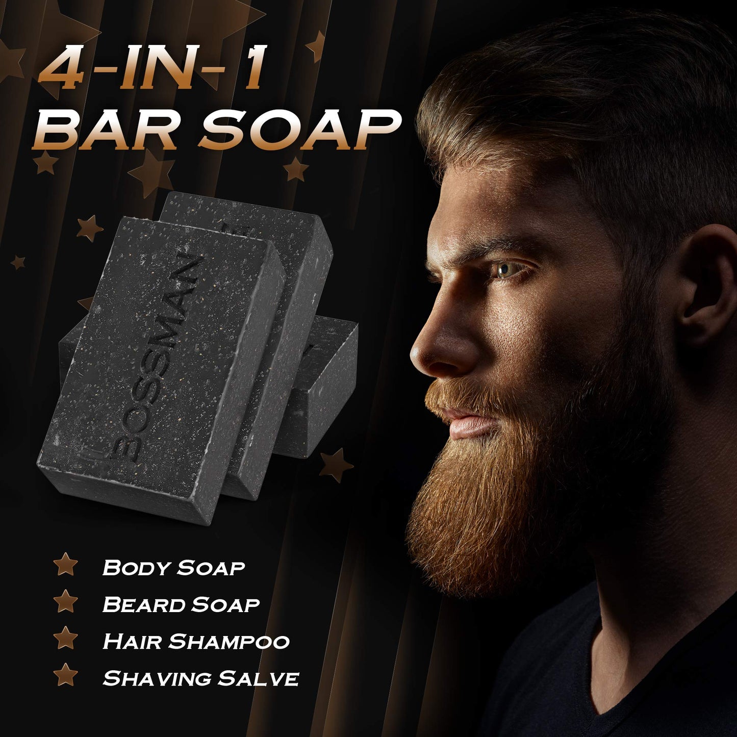 Bossman 3 Pack Mens Bar Soap 4-in-1 All Natural Organic Beard Wash, Shampoo, Body Wash, Shaving and Bath Soap - Essential Beard Care (4oz), Scent- Eucalyptus and Tea Tree