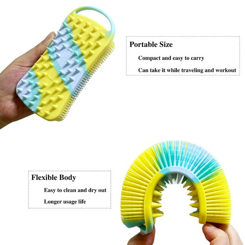 2 PC Silicone Exfoliating Body Scrubber, 2 in 1 Silicone Body Shampoo Brush, Soft Silicone Loofah for Sensitive Skin, Shower Silicone Hair Scalp Massager, Easy to Clean, Lather Well (Purple&Yellow)