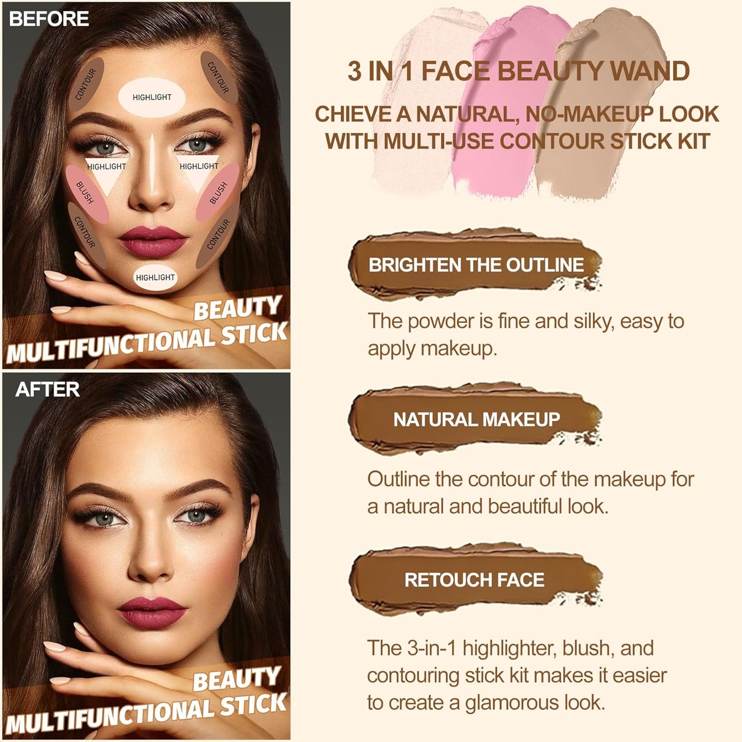 Lezero 3Pcs Contour Stick Makeup Kit, Shades with Highlighter, Blush and Bronzer Stick for Sculpt the Face and All Skin Type, Long Lasting, Smooth, Dewy & Matte Finish, LIGHT