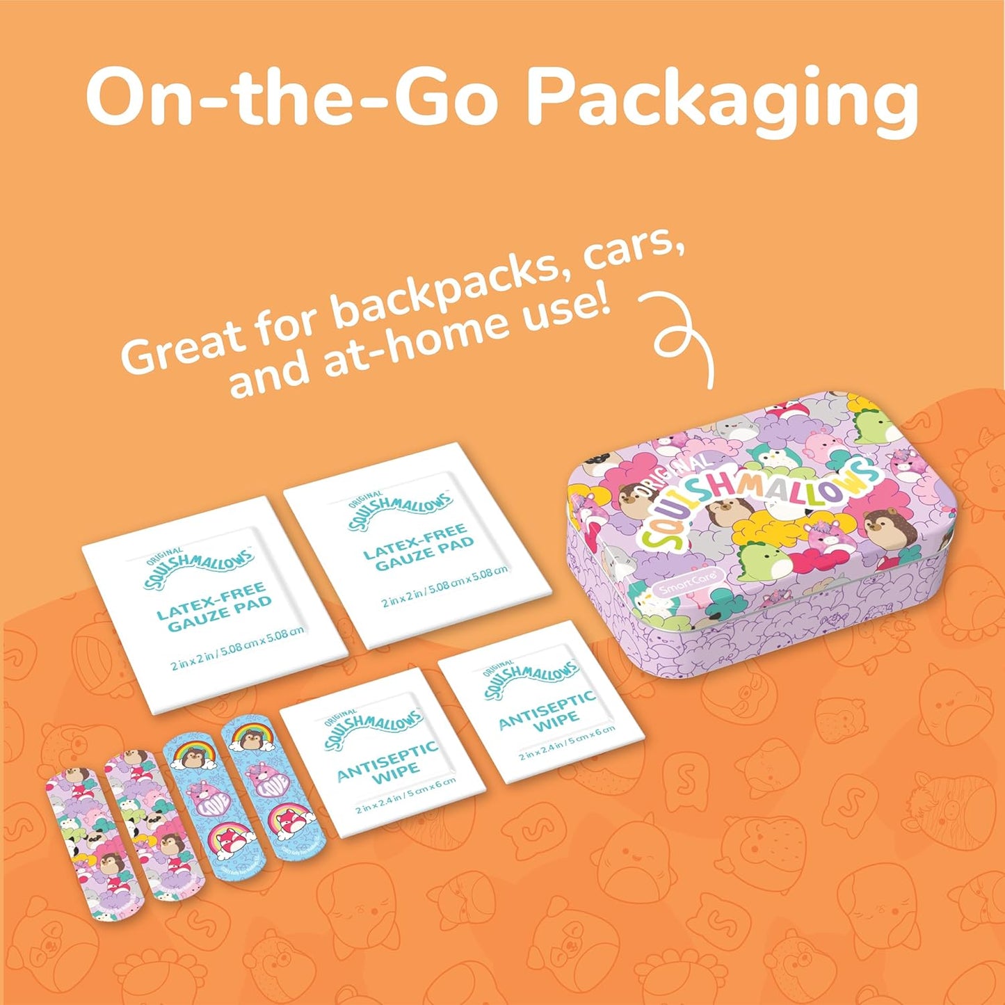 Smart Care Squishmallow First Aid Kit Travel Essentials with Antiseptic Wipes, Cute Bandage Variety Pack for Kids, Latex-Free Gauze Pads and Bandages in Tin Case, 33PC