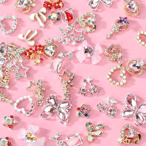 CUBLIVE 24PCS Nail Charms Y2k Alloy Nail Art Rhinestone Charms 3D Heart Star Bow with Rhinestones Cherry Nails Gems Shiny Jewelry Nails Decorations Accessories Supplies (AD24)