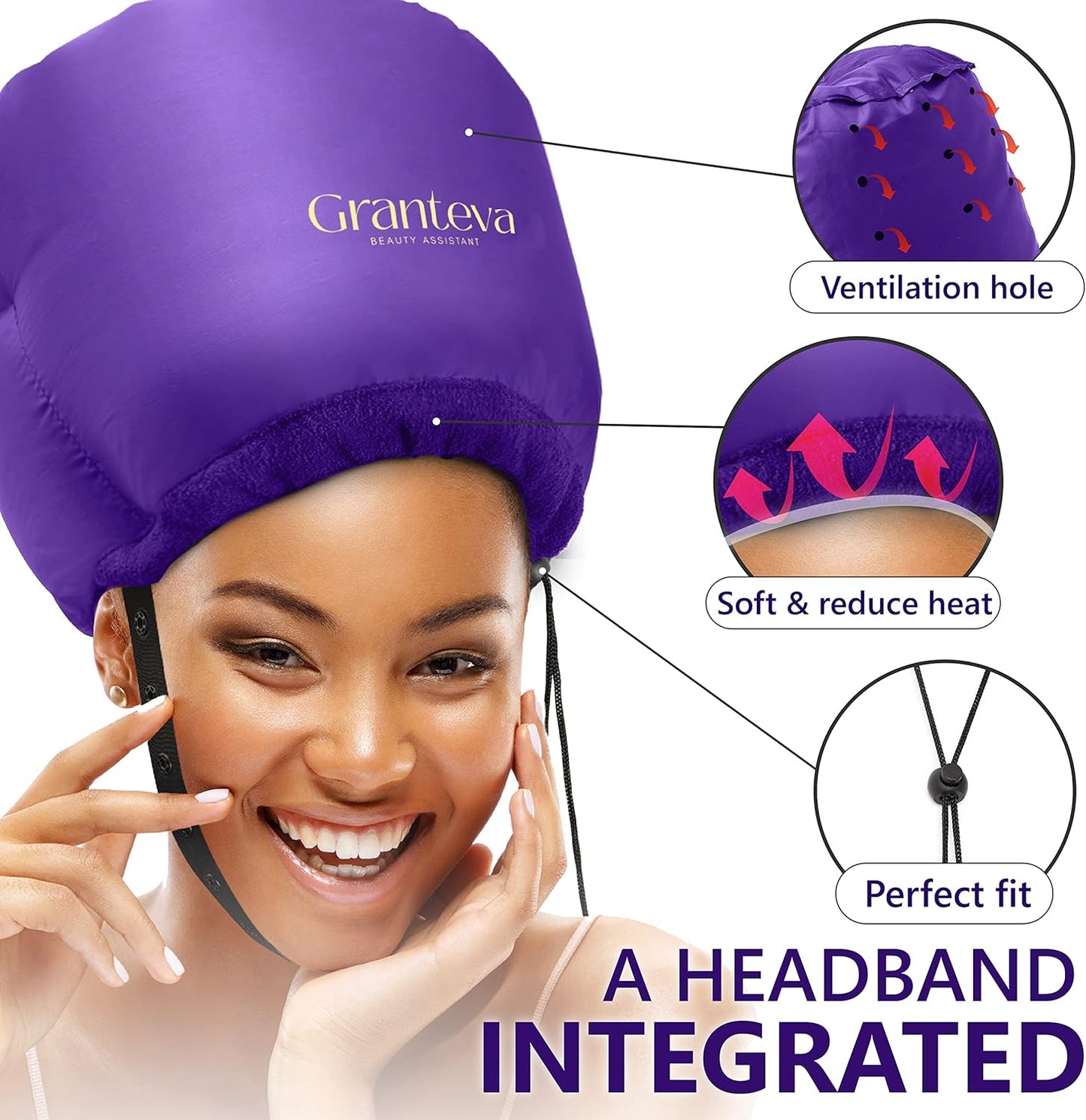 Bonnet Hair Dryer w/A Headband Integrated That Reduces Heat Around Ears & Neck - Diffuser Cap for Hair Dryer Curly Hair, Speeds Up Drying Time, Deep Conditioning at Home - Large (Purple)