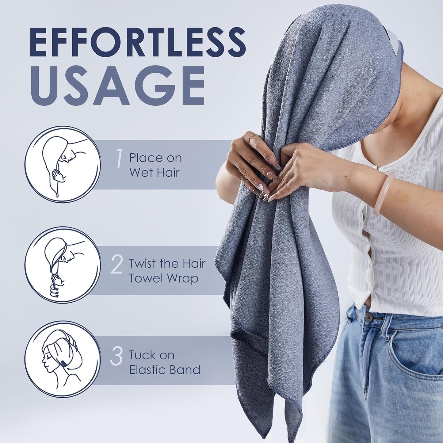 Skiennix Large Microfiber Hair Towel Wrap - Anti-Frizz Fast Drying for Long, Curly Hair | 27x40 Inches, Grey