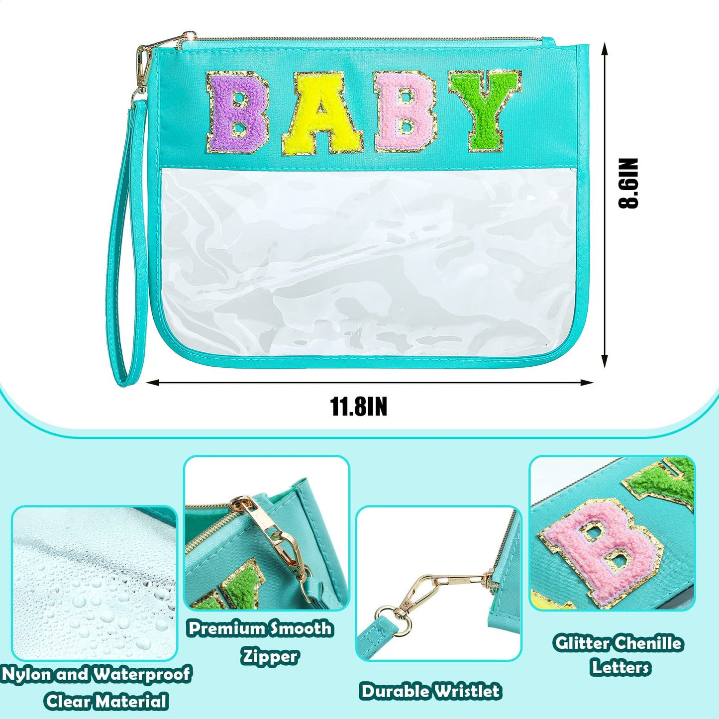 Buryeah 4 Pcs Chenille Letter Pouch Flat Nylon Clear Snack Bags Flat Multipurpose Zipper Makeup Bag for Travel Toiletry Bag Water-proof Cosmetic Pouch for Women(Simple Style)