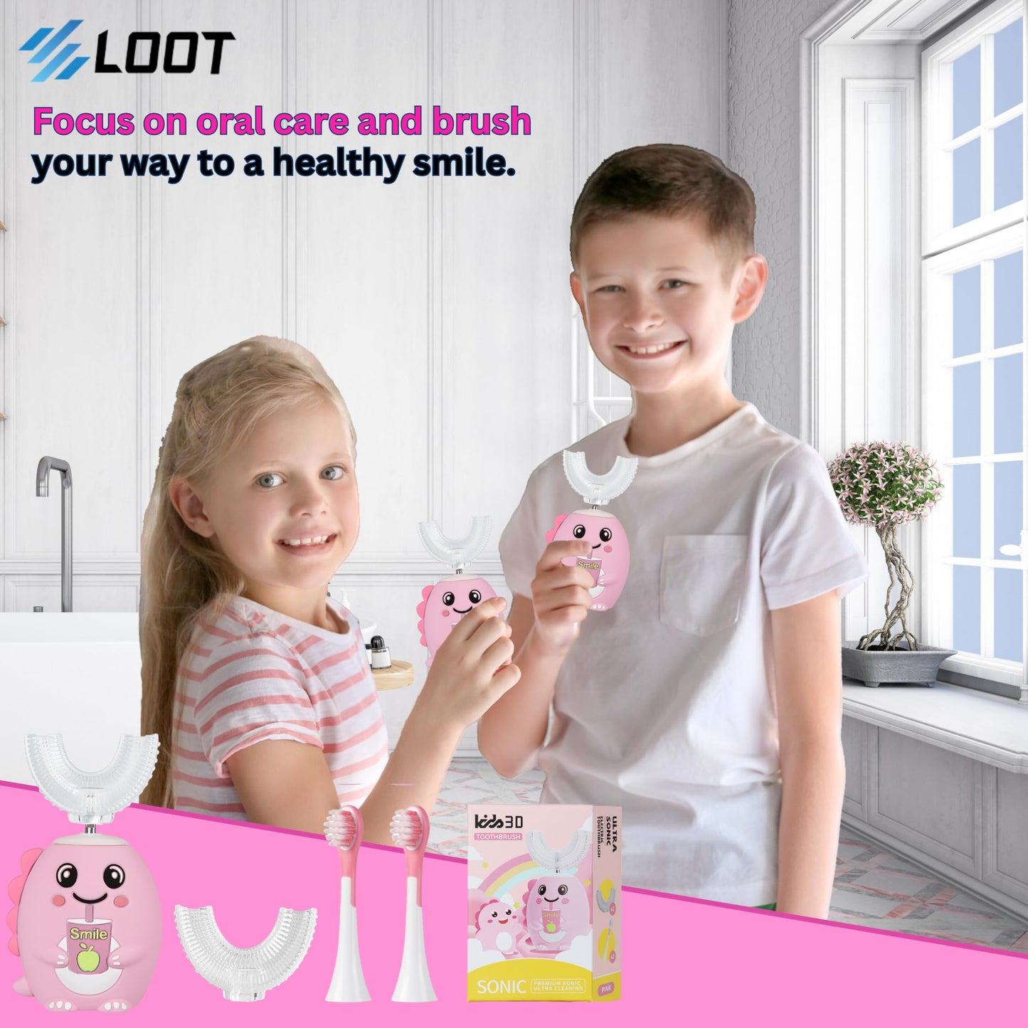 LOOT Kids U Shaped Electric Toothbrush with 4 Brush Heads with 5 Cleaning Modes, Sonic Toothbrush Kids, 60s Smart Reminder, Cartoon Dinosaur 360-Degree Cleaning IPX7 Waterproof Design (Pink, 2-6)