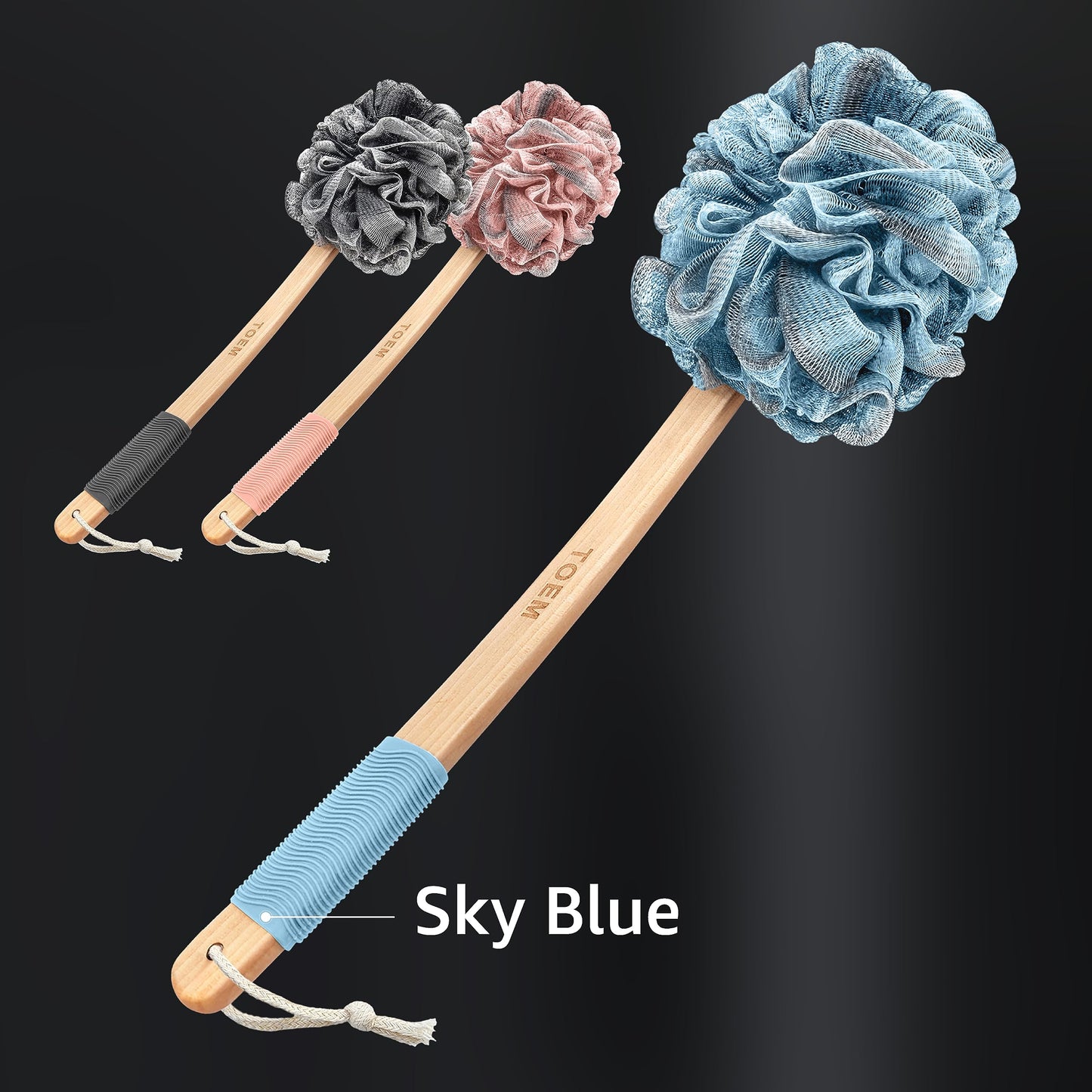 Toem Loofah Back Scrubber for Shower | Bamboo Charcoal Fiber Infused | Loufas for Men & Women | Includes 1 Long Handled Shower Sponge, 1 Bath & Shower Luffa Pouf & 1 Hook to Hang Stuff (Sky Blue)