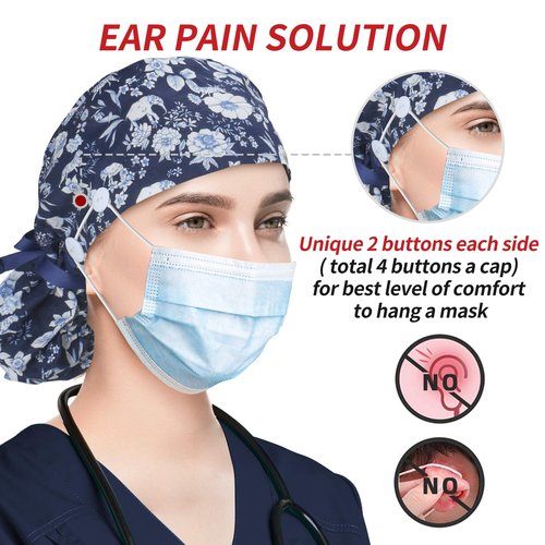 ABAMERICA Ponytail Scrub Caps for Women Surgical Caps Nurse Hat with Functional Ponytail Holder for Long Hair, Single or Satin-Lined