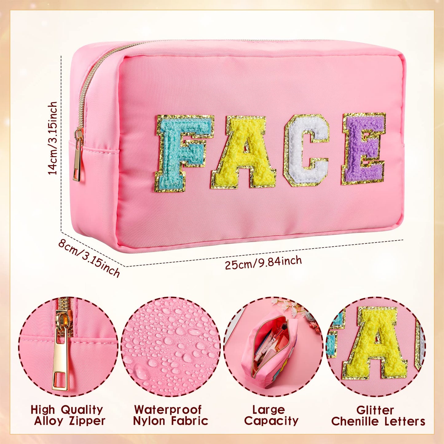 Remerry 4 Pcs Makeup Bag Travel Cosmetic Bag Organization Chenille Letter Toiletries Stuff Pouch Preppy Waterproof Bag Gift for Women Girl Teen (Colorful,Face Skin Hair Stuff)