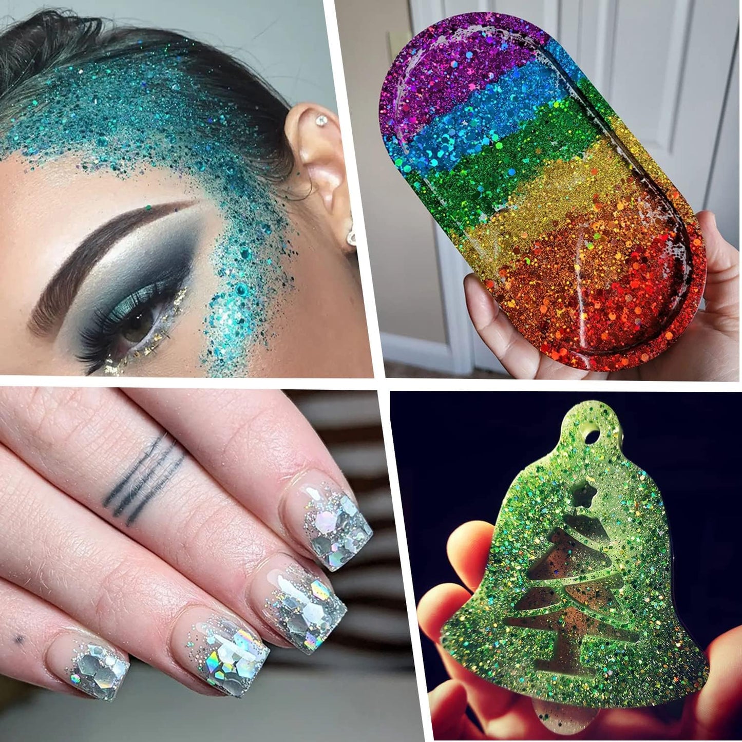 Holographic Chunky Glitter Sequins, 12 Colors Mixed Cosmetic Glitter for Face Body Eye Hair Nail Art Lip Gloss Makeup, Festival Glitter with Different Hexagons Size and Stars (Laser Mix)