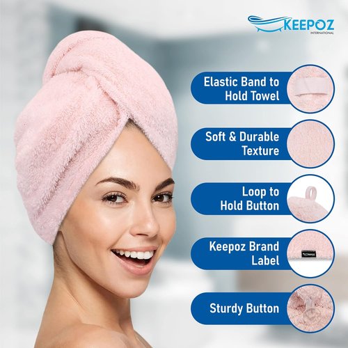 KEEPOZ Hair Towel Wrap - Quick Dry 100% Cotton Turban for Women | Super Absorbent & Anti-Frizz (Pink)
