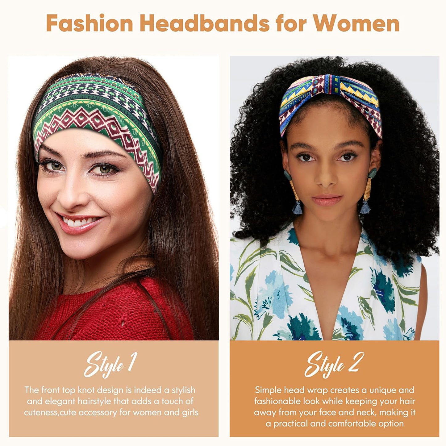 Yeshan Women's Wide Boho Knotted Non-Slip Turban Headwraps - Stretchy Bandeau Hair Bands for Sports, Yoga, Workouts, Pack of 8