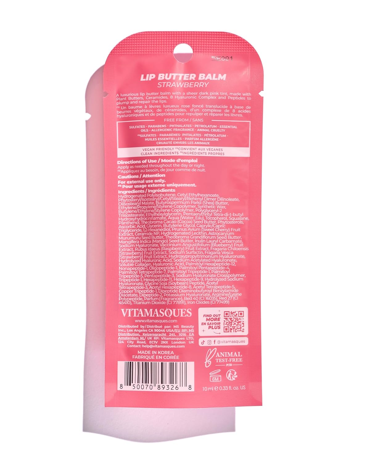 Vitamasques Lip Butter Balm - Hydrating Strawberry Lip Treatment with Peptides - 0.33 fl. oz.