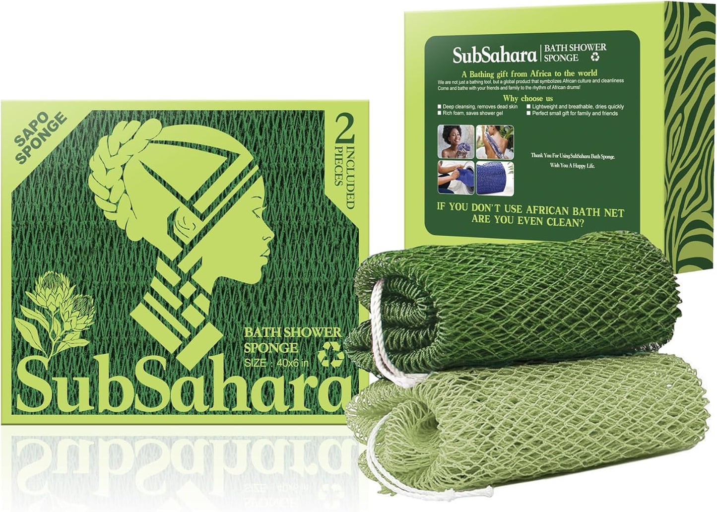 SubSahara Authentic African Net Sponge - 2 Pack Exfoliating Loofah for Body & Face, Gentle Scrubber, Durable Polyester (Olive Green & Light Green)