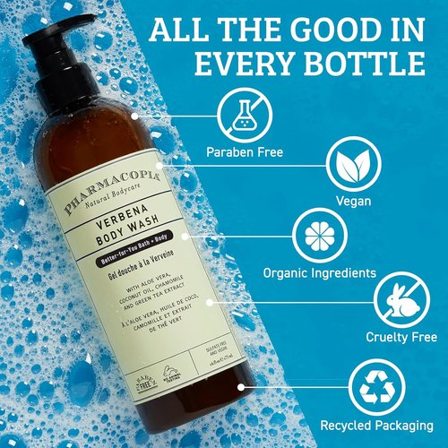 Pharmacopia Verbena Body Wash - Moisturizing Natural Shower Gel with Aloe Vera & Coconut Oil | 16 oz