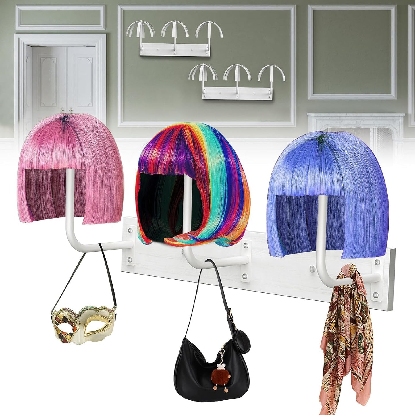 6 Pcs Hanging Wig Stand for Multiple Wigs, Durable Wall Mounted Wig Hanger Holder,Wig Holder for Multiple Wigs,Hanging Wig Holder for Display, Storage, Styling, Drying,Practice,Design (Black)