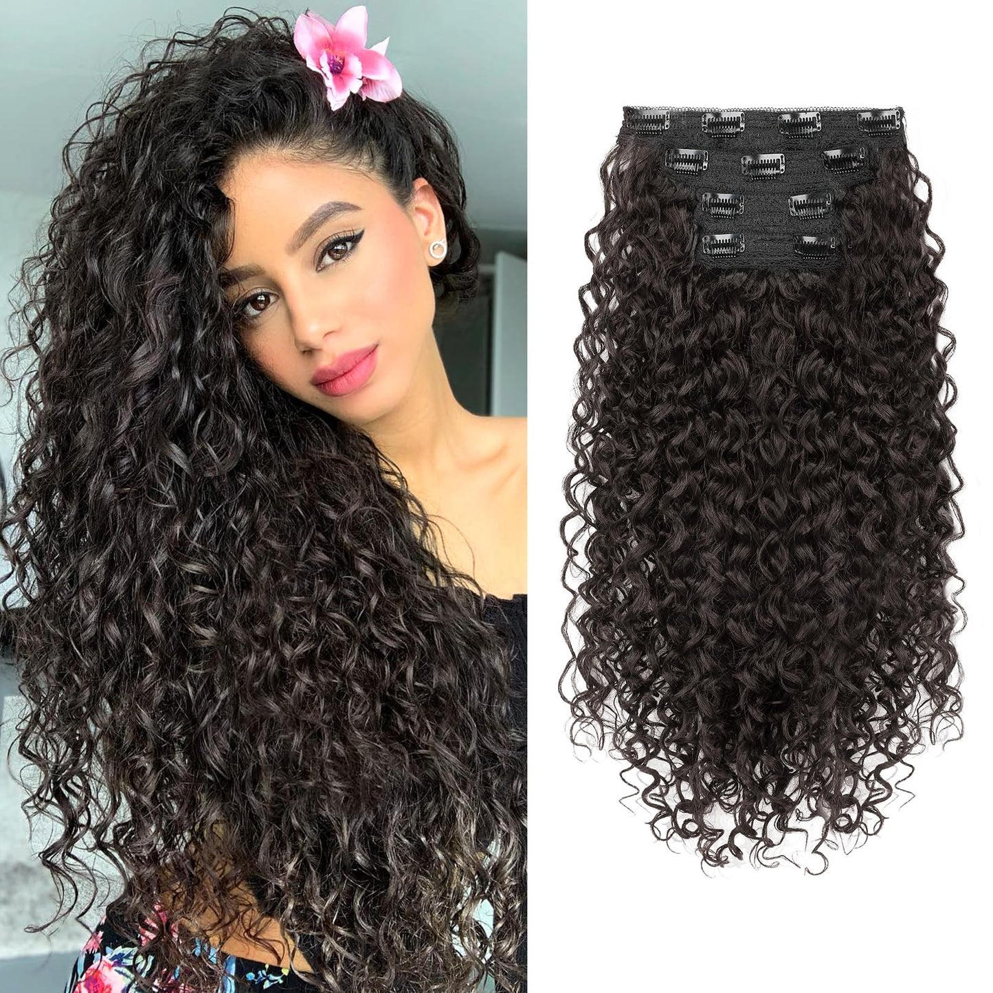 Clip in Hair Extensions, FLUFYMOOZ 4PC 100ï¼… Pure Protein Silk Hair Extensions Long Soft Natural Hairpiece 20 Inch Curly Hair Extension for Women (Dark Chocolate Brown)