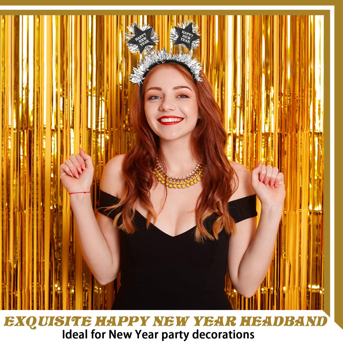 Yuxung 12 Pcs Happy New Year Headband with Star Flashing Headband 2024 New Year Eve Hair Hoop Headdress Hair Accessories Silver Wire Adult Kids Holiday Party Supplies Favors
