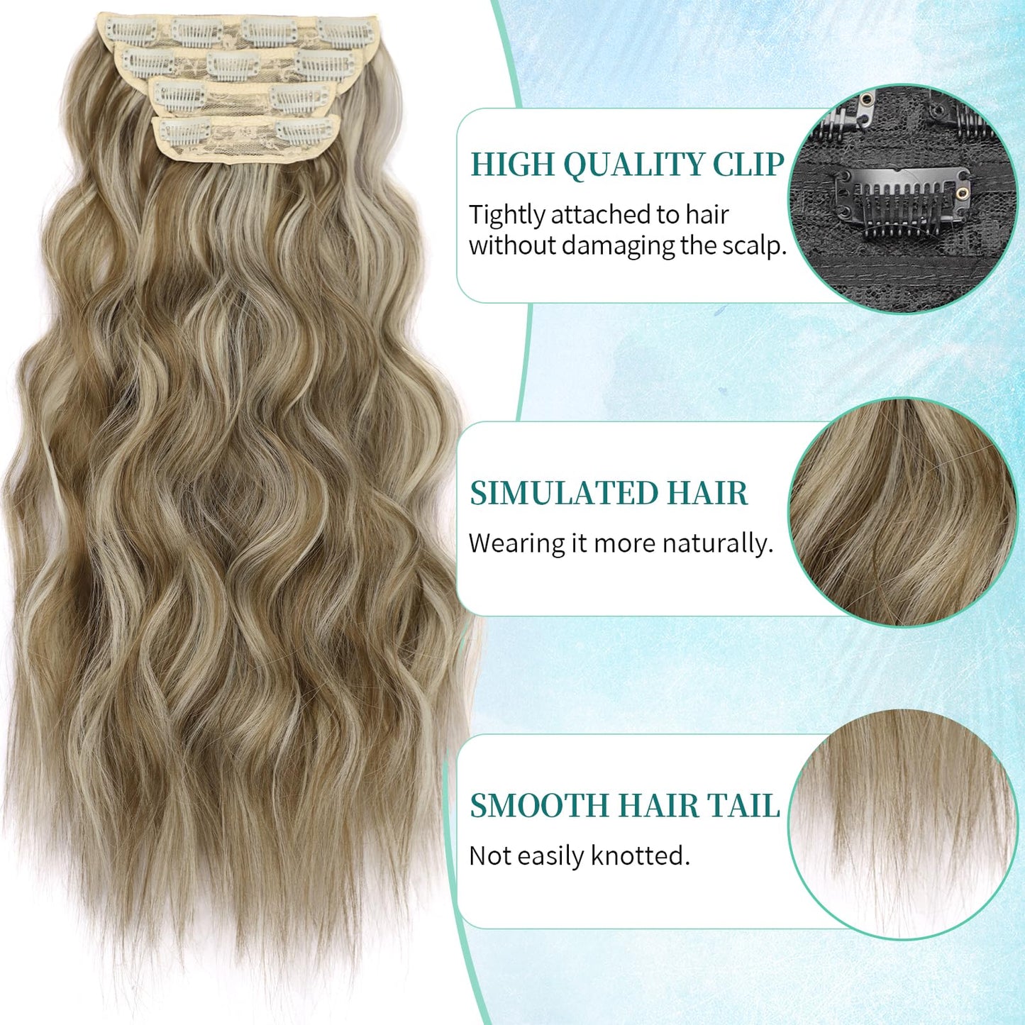 KooKaStyle Clip in Synthetic Hair Extensions Long Wavy 4PCS Thick Hairpieces Light Brown mix Light Blonde F8/613 Fiber Double Weft Natural Hair Extensions 20 Inch for Women
