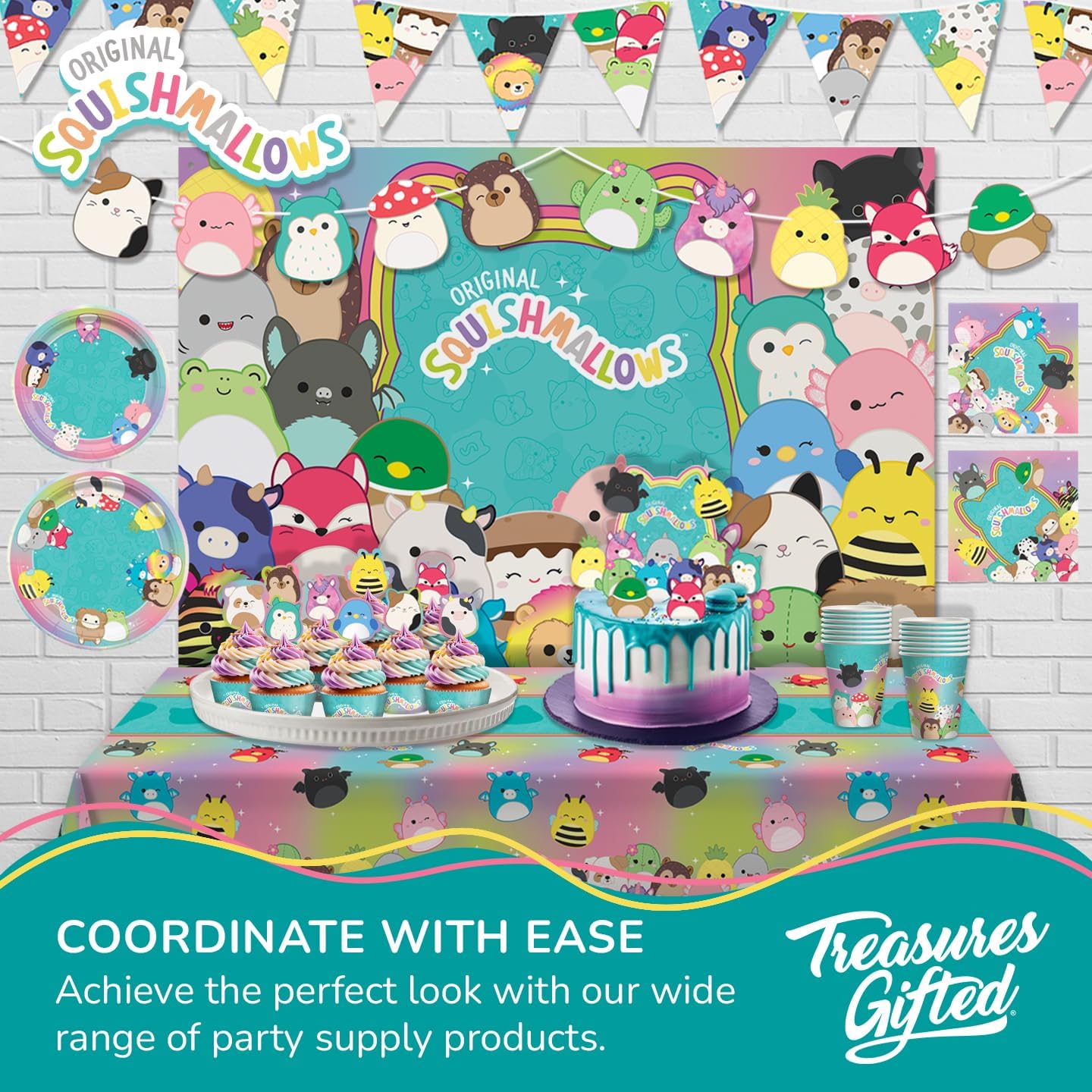 Treasures Gifted Officially Licensed Squishmallows Party Supplies Banner - (1) Pre-strung Banner - Squishmallows Birthday Decorations