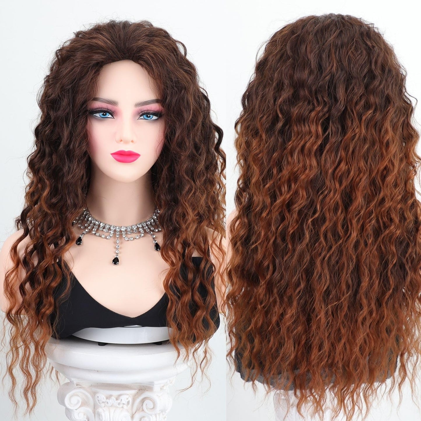Fencca Brown Ombre Blonde Long Curly Wigs for Women Heat Synthetic Free Part Wave Curly Wig Strawberry Blonde Loose Curly Wigs for Daily Party