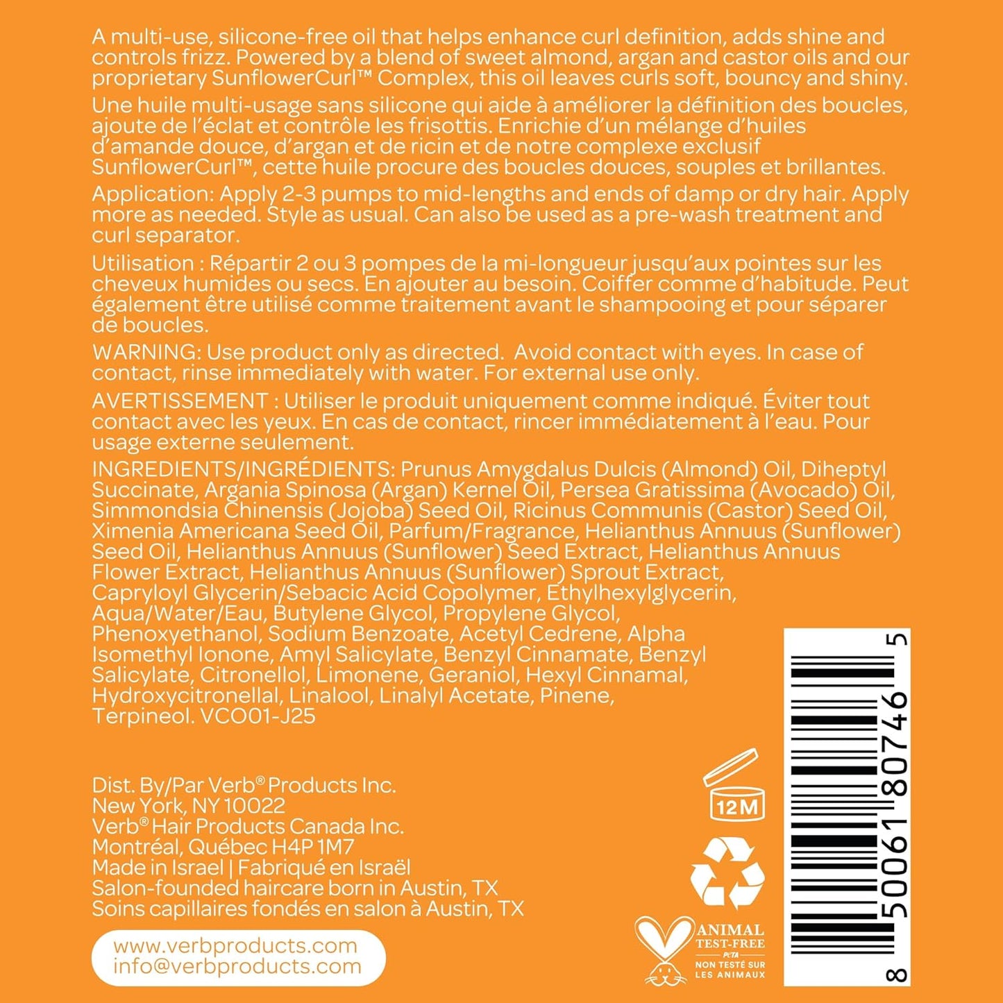 VERB Curl Oil - Define + Shine + Smooth Frizz - for All Curl Types -Silicone Free + No Parabens, Gluten or Harmful Sulfates