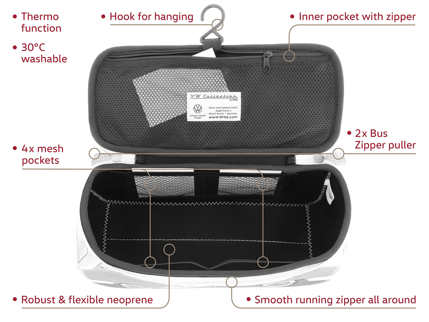 BRISA VW Collection - Volkswagen Neoprene Universal Makeup Cosmetics Toiletry Travel Pharmacy Bag in T1 Bus Design (Peace/Green) (Large (11.8 x 5.5 x 4.7 inches))