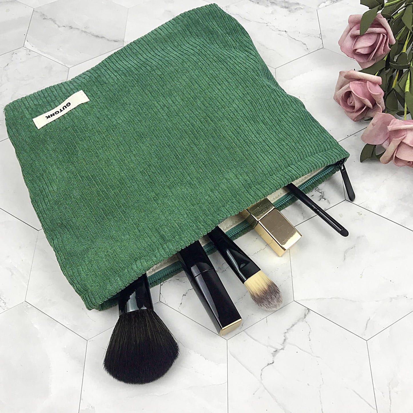 GUTGNK Corduroy Ladies Cosmetic Bag, Large Capacity Canvas Cosmetic Bag Travel Toiletry Bag Accessories Organizer, Grass Green