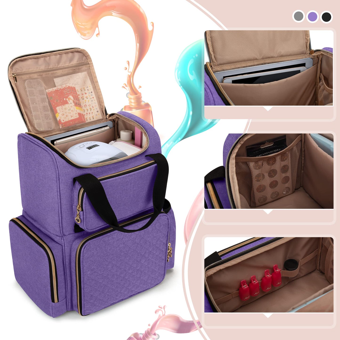 LUXJA Nail Polish Organizer - Backpack Version Holds 70 Bottles and a Nail Lamp, Travel Bag with 2 Removable Cases and Tools Storage Pockets (Patent Pending), Purple