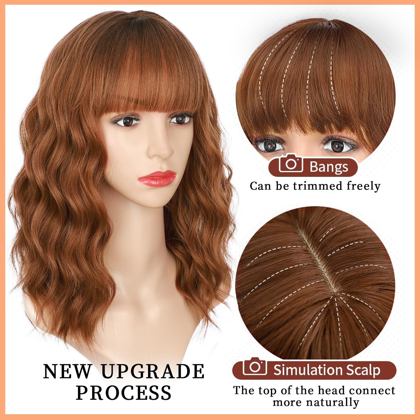 Lativ Auburn Wig with Bangs Short Bob Wigs for Women Shoulder Length Ginger Wavy Curly Wigs Synthetic Fiber Wigs 14 Inches for Daily Party Use