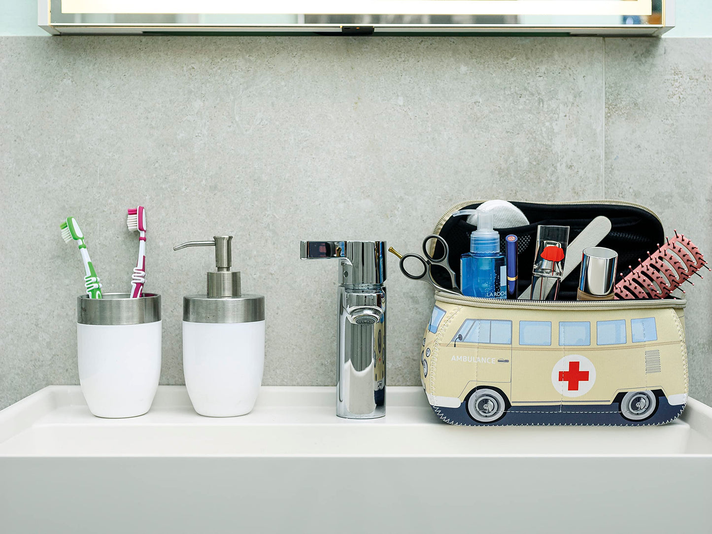 BRISA VW Collection - Volkswagen Neoprene Universal Makeup Cosmetics Toiletry Travel Pharmacy Bag in T1 Bus Design (Ambulance/Beige) (Small (9.1 x 4.3 x 3.1 inches))