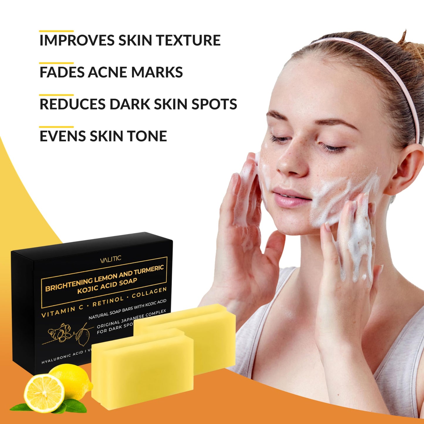 VALITIC Brightening Lemon & Turmeric Kojic Acid Soap with Vitamin C, Retinol, Collagen - Original Japanese Complex Infused with Hyaluronic Acid, Vitamin E, Shea Butter, Castile Olive Oil (4 Pack)