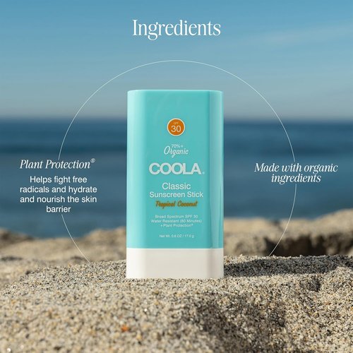 COOLA Organic Face Sunscreen SPF 30 - Vegan & Gluten-Free Sunblock Stick, Tropical Coconut, 0.15 Oz