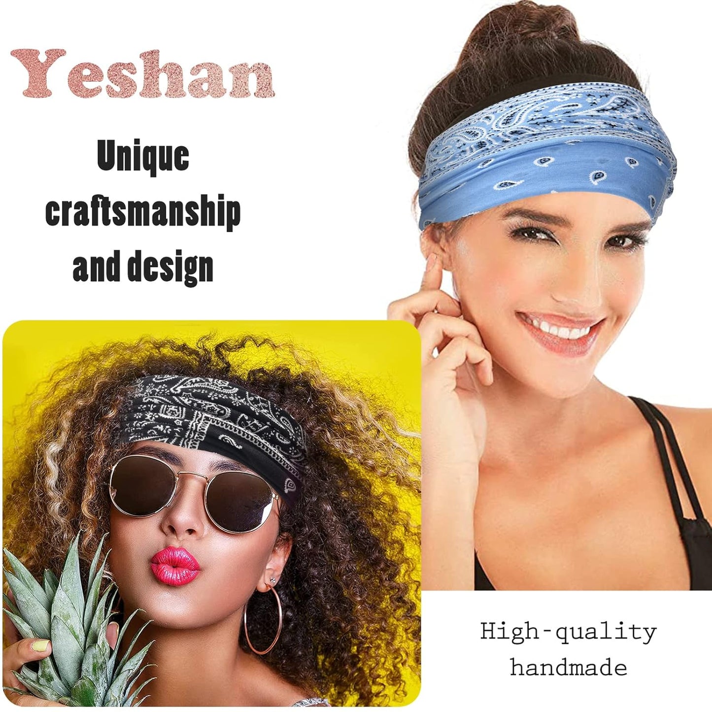 Yeshan Women's Wide Boho Knotted Non-Slip Turban Headwraps - Stretchy Bandeau Hair Bands for Sports, Yoga, Workouts, Pack of 8